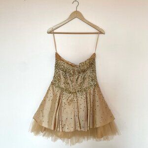 4now Strapless Gold Prom Mini Dress with Beaded Corset Top and Tulle Skirt